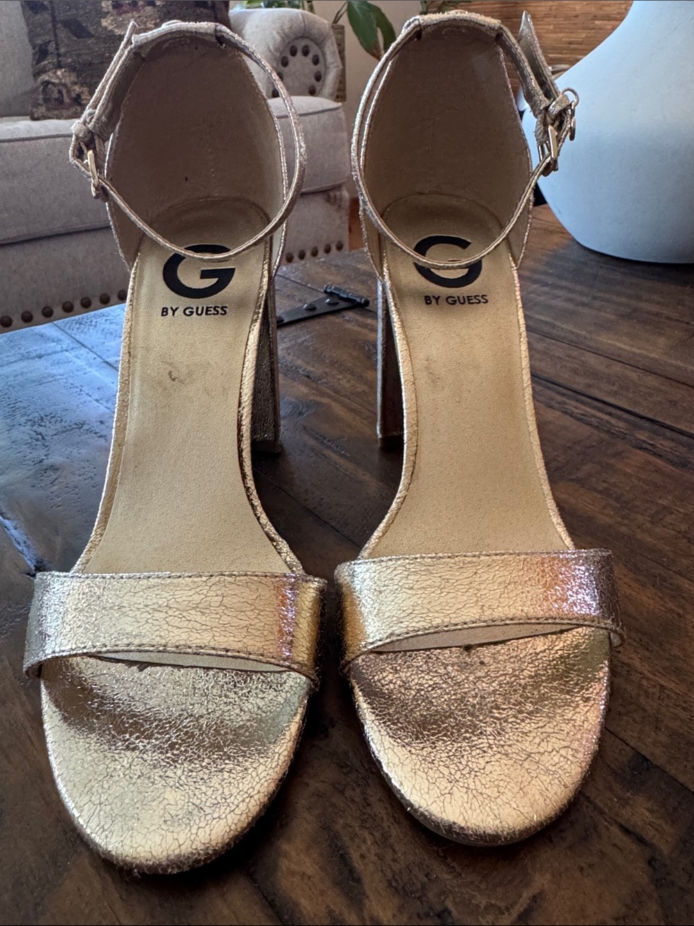 G by Guess Shantel 3-M Metallic Gold Ankle-Strap Heeled Sandals